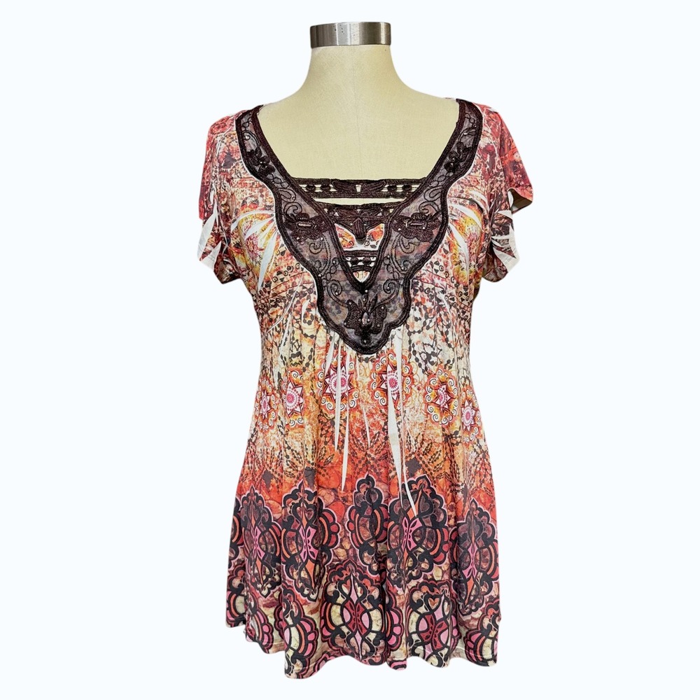 Unity World Wear L Top Printed Boho Lace Bib Rhinestone Embellished Hippie Artsy